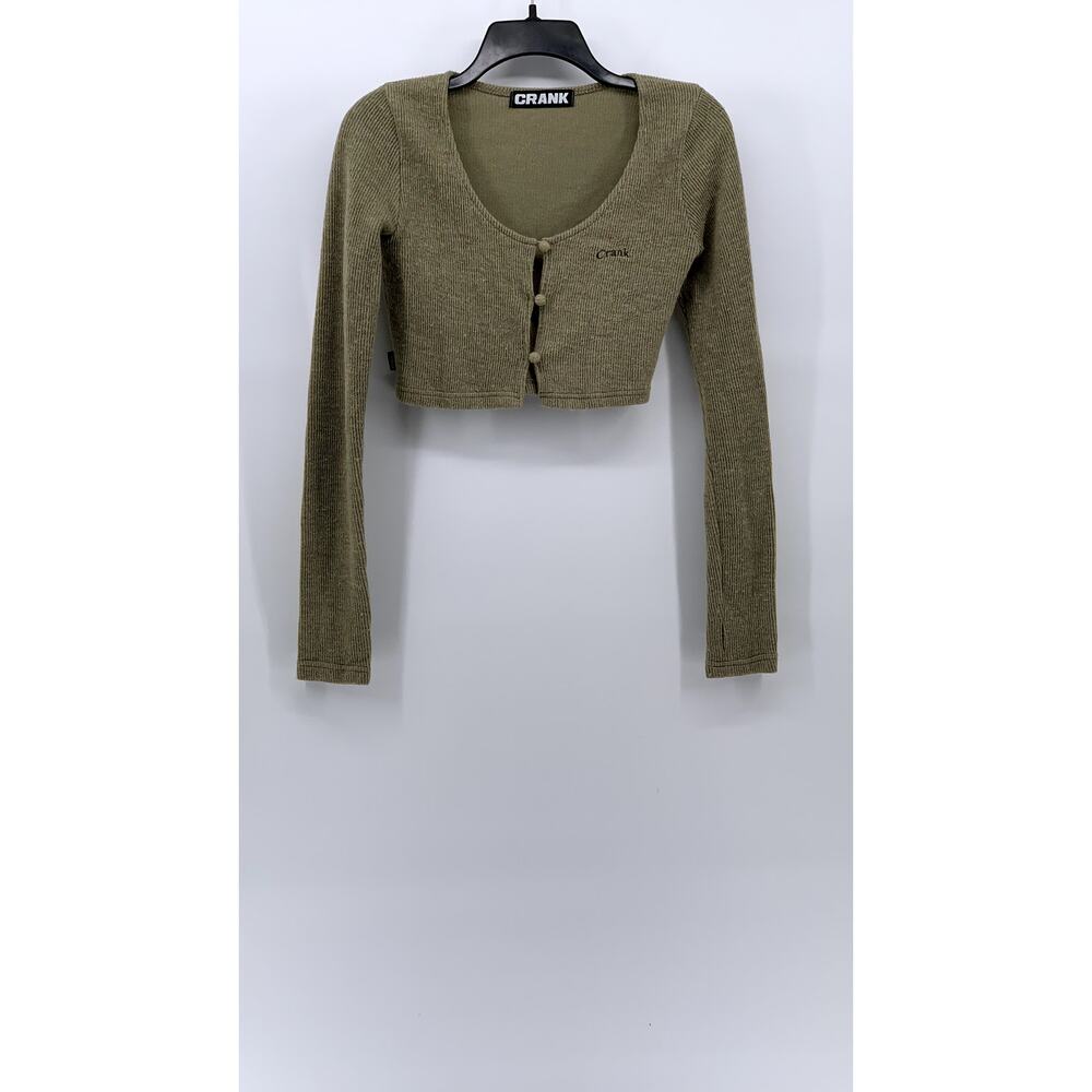 CRANK Women's Green Knit Scoop-Neck Button-Up Long Sleeve Cropped Top SZ XS